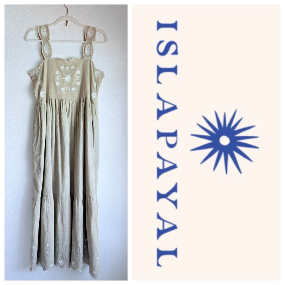 NWT Isla Payal Taormina Strawberry Beige & White Embroidered Cotton Maxi Dress S